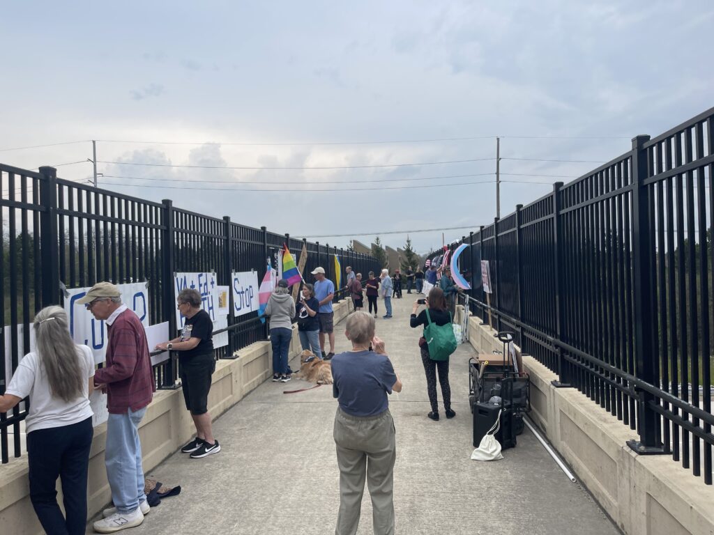 A large group of protesters display signs and flags at an overpass.